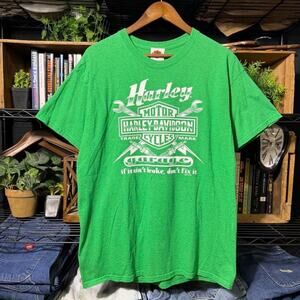 Harley Davidson Garage Biker Tee Green White Motorcycle Shirt Mens Large